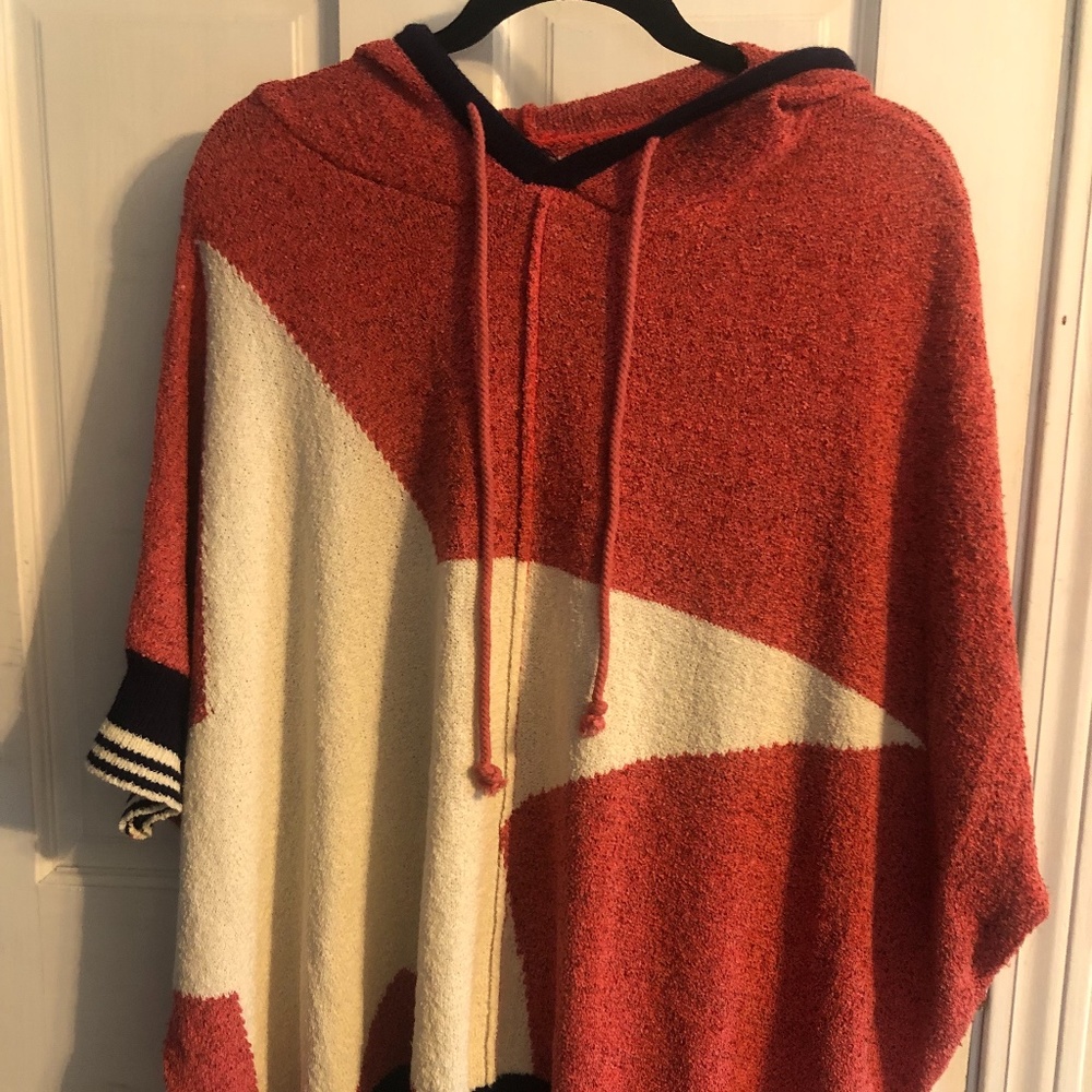 easel Red and Cream Hooded Poncho Sweater